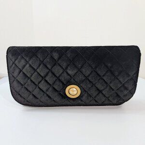 Chanel Paris Cosmopolite Black Velvet Quilted Flap Clutch with Pearl Button
